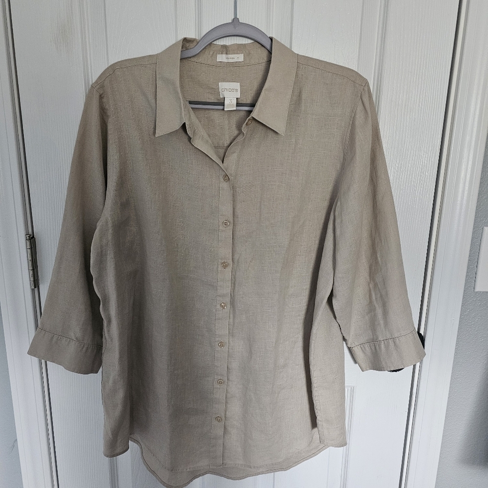Chico's 100% Linen Neutral Oatmeal Button Down Coastal Beach Lagenlook Shirt-XL
